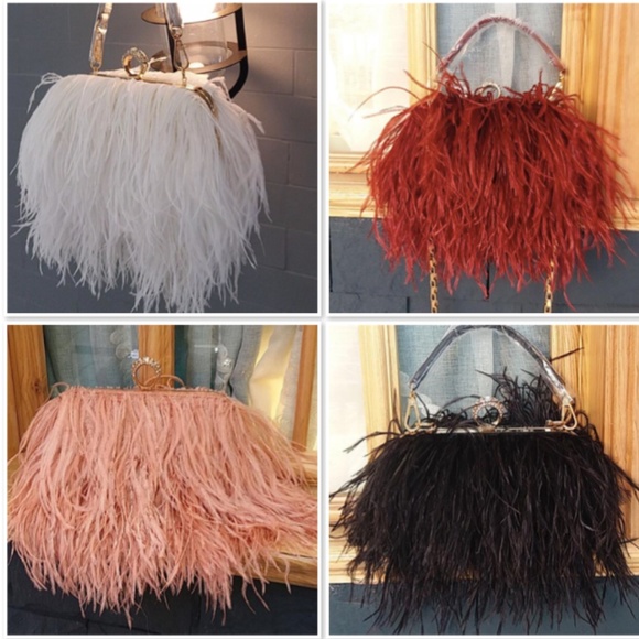 🌸 OSTRICH PURSE FEATHER HARD CLUTCH BAG BOHO CHIC DESIGNER ELITE HANDLE CHAIN - Picture 11 of 12